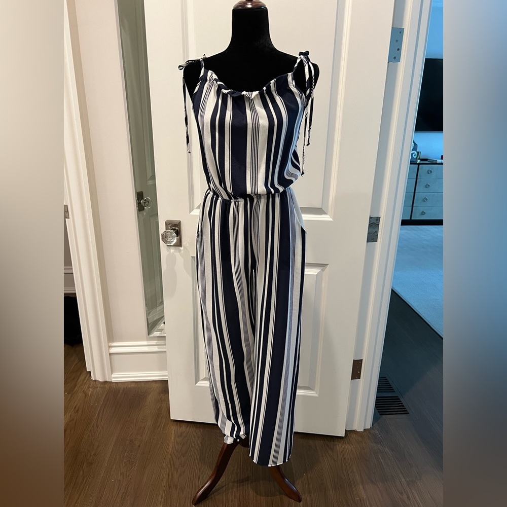 Navy and white vertical striped jumpsuit